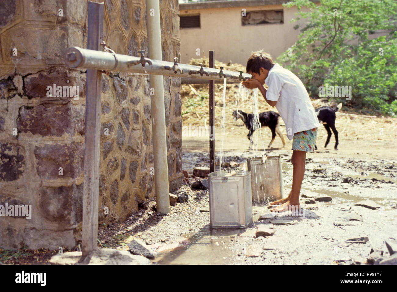 Man Trinkwasser aus dem Hahn, ländliche Wasserversorgung, Indien Stockfoto