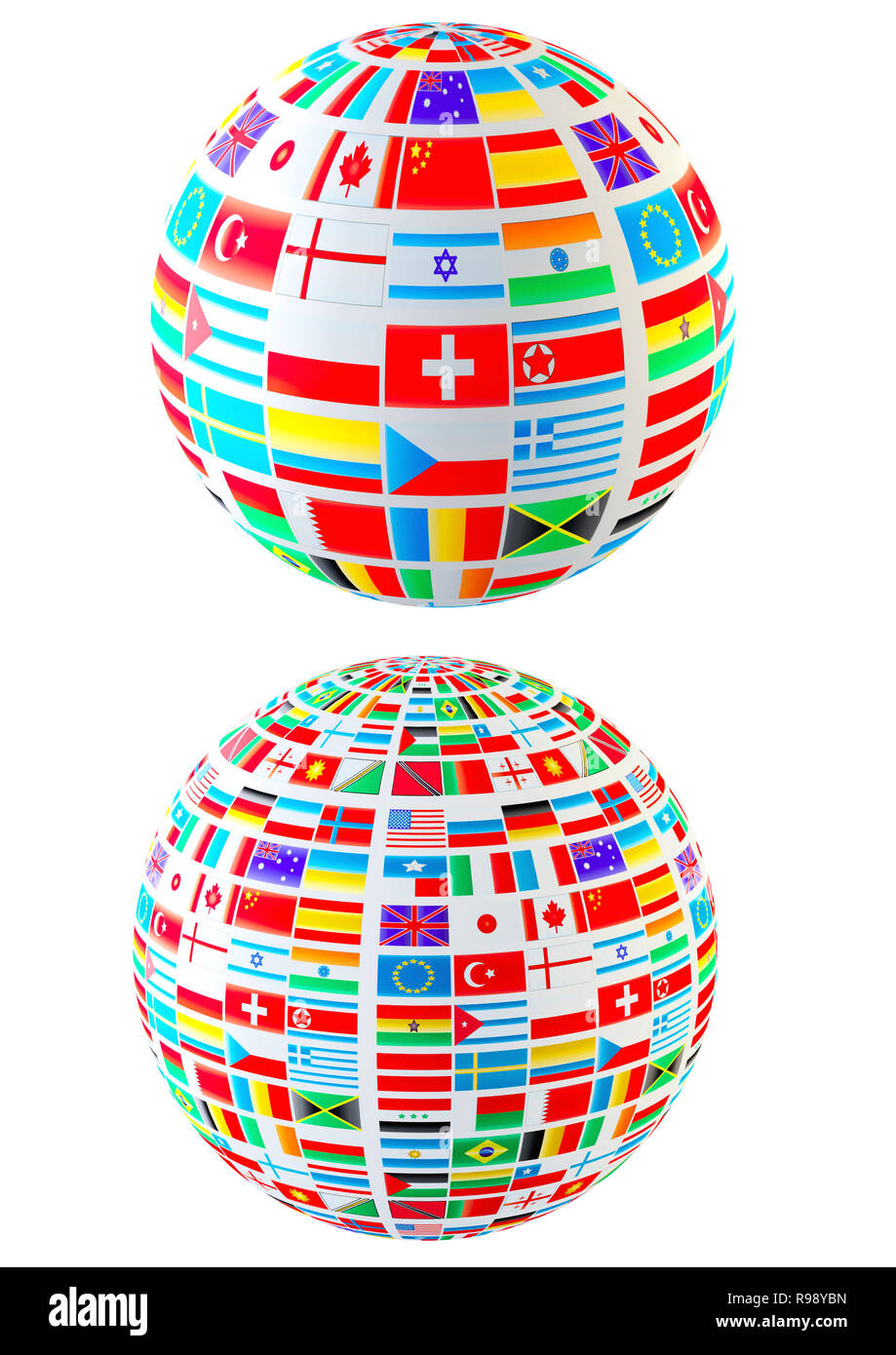 Set-Welt Flaggen Sphären. Über weiß Isoliert Stockfoto