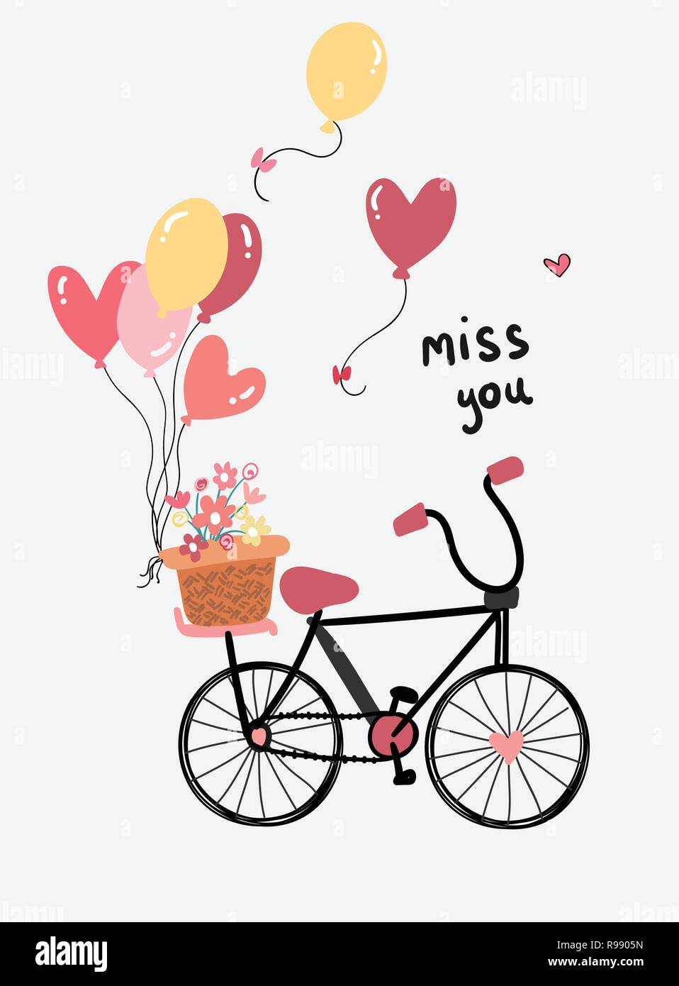 Liebe Karte Vektor flache Design Hand gezeichnet Fahrrad mit Blume und Herz Ballons Stock Vektor