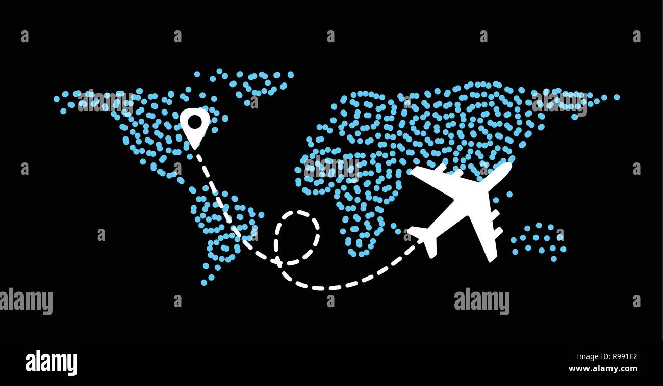 Fliegende Flugzeug auf dem Hintergrund der Weltkarte mit einem Weg vom Ausgangspunkt. Vektor Stock Vektor