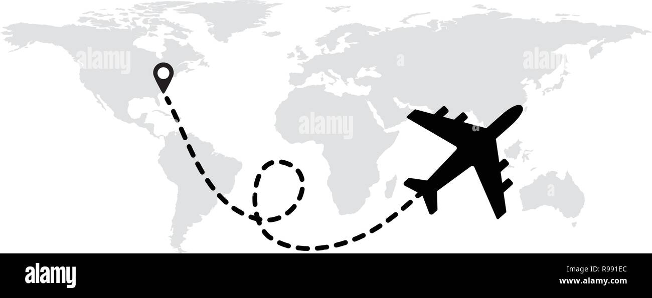 Fliegende Flugzeug auf dem Hintergrund der Weltkarte mit einem Weg vom Ausgangspunkt. Vektor Stock Vektor