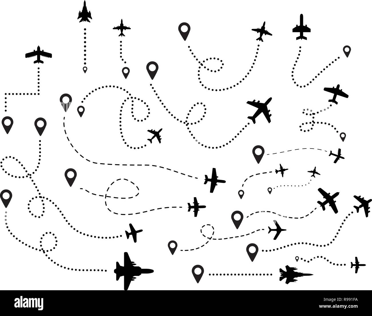 Eine Reihe von fliegen Flugzeuge und ihre Flugrouten vom Ausgangspunkt. Vector Abbildung: Stock Vektor