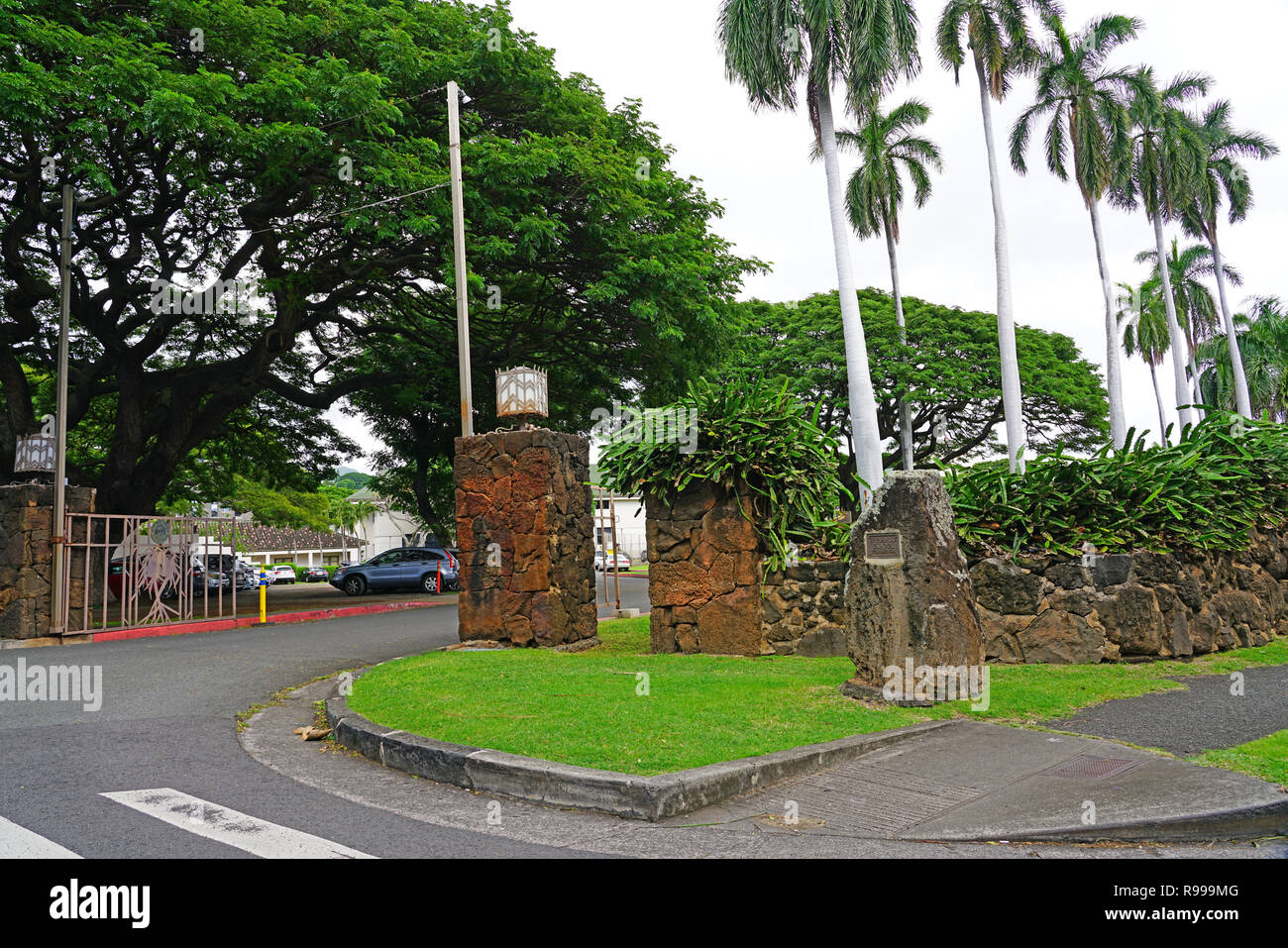 Blick auf dem Campus der berühmten Punahou Schule, ein eigenes K-12-Schule in Honolulu, Oahu, Hawaii. Barack Obama ist ein Schüler. Stockfoto