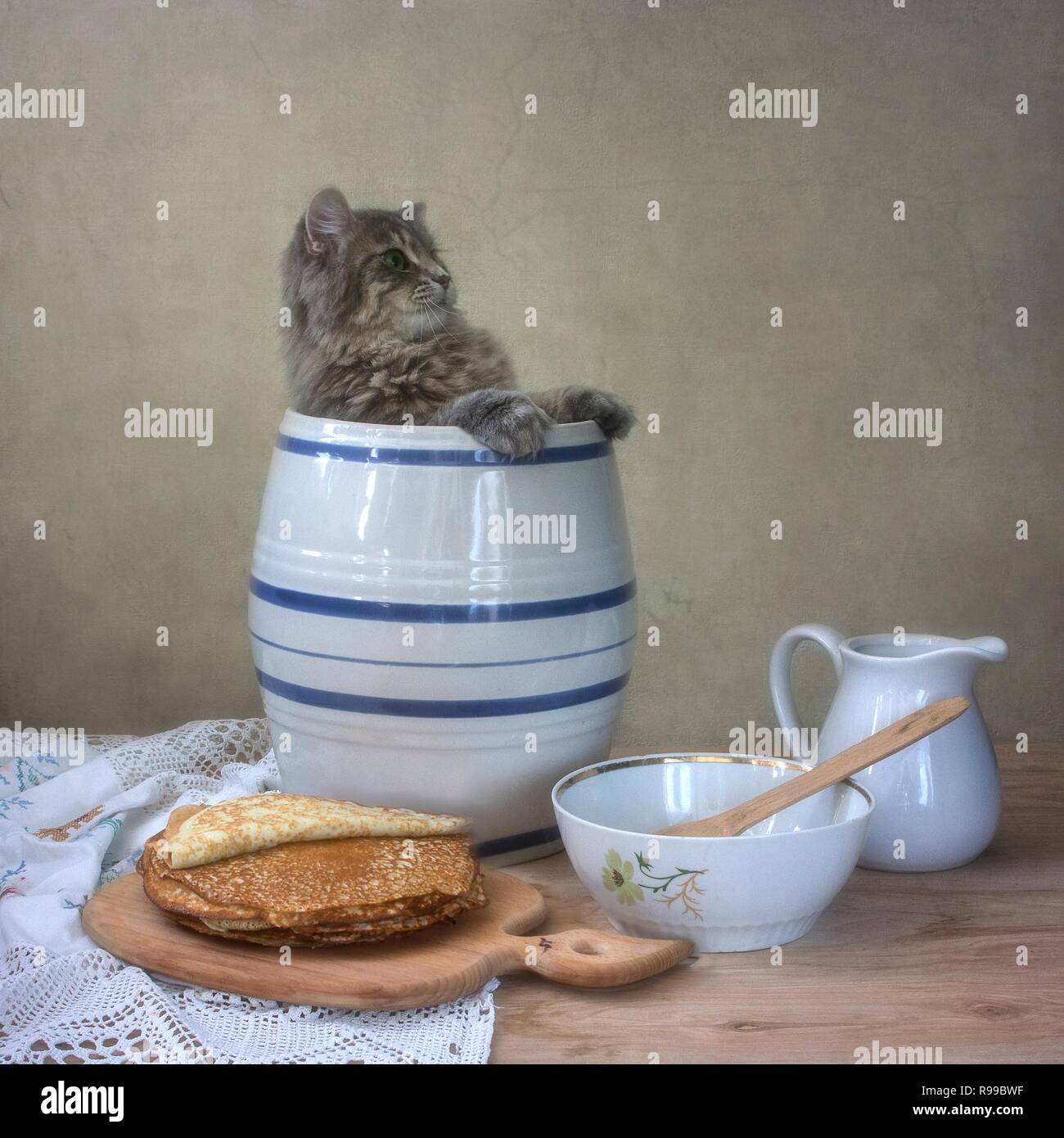 Stillleben mit Pfannkuchen und Katzen Stockfoto