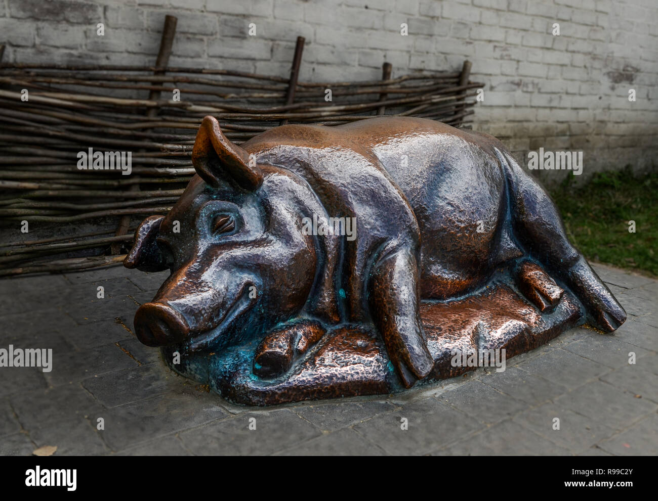 Die bronze Schwein mit zufriedenen Schnauze liegt auf seiner Seite in der Nähe von einem Zaun Stockfoto