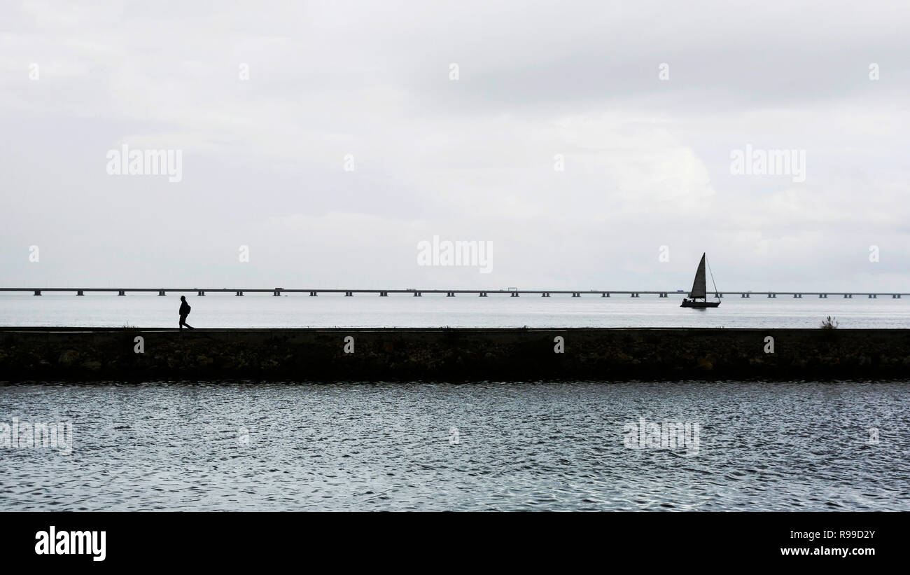 Street Fotografie am Ufer des Tejo im Park des Nationalen Innovationssystems, regnerischer Tag in Lissabon, Portugal. Vasco da Gama Brücke im Hintergrund. Stockfoto