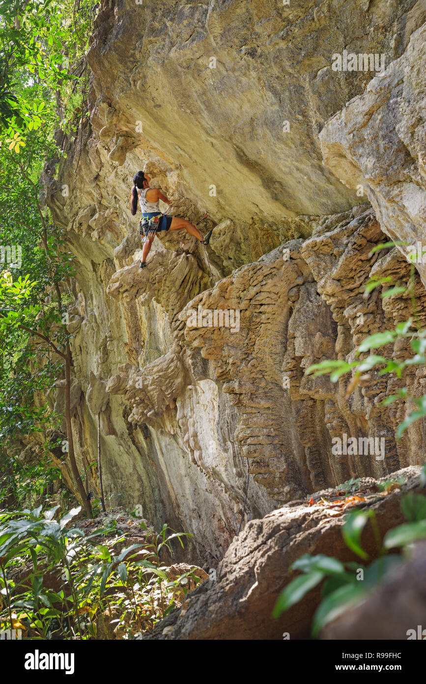 Frau Kletterer führenden einem überhängenden Route in der Nähe von Thakhek Laos Stockfoto