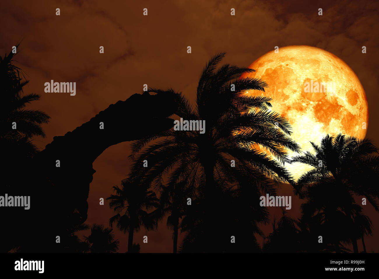 Voller Blut Mond zurück silhouette Dinosaurier in park Orange Night Sky, Elemente dieses Bild von der NASA eingerichtet Stockfoto