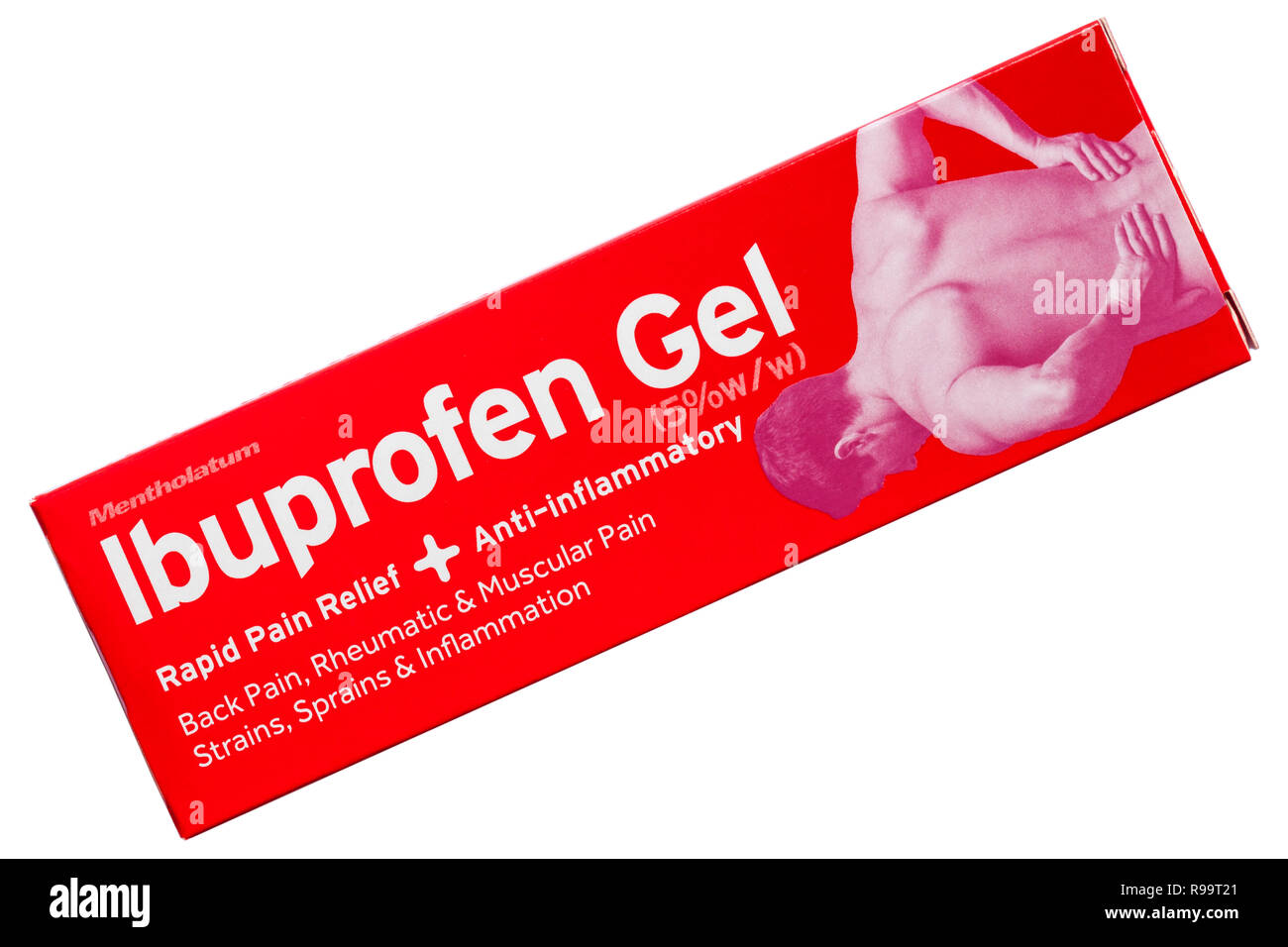 Box von Mentholatum Ibuprofen Gel isoliert auf weißem Hintergrund Stockfoto
