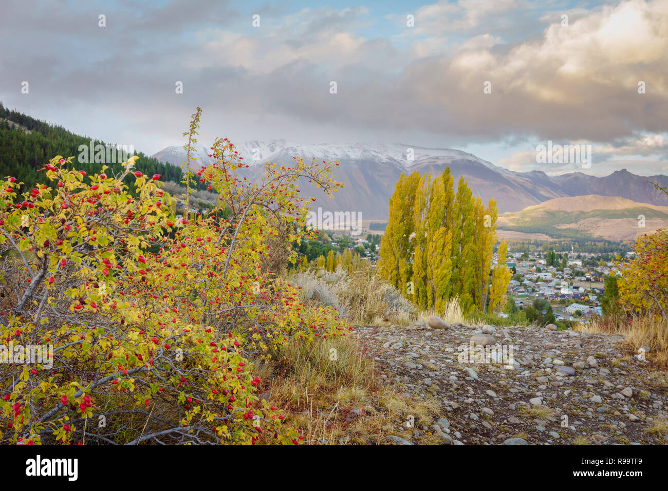 Malerischer Blick auf Herbst Bäume und Berge gegen Himmel, Esquel, Chubut, Patagonien, Argentinien Stockfoto