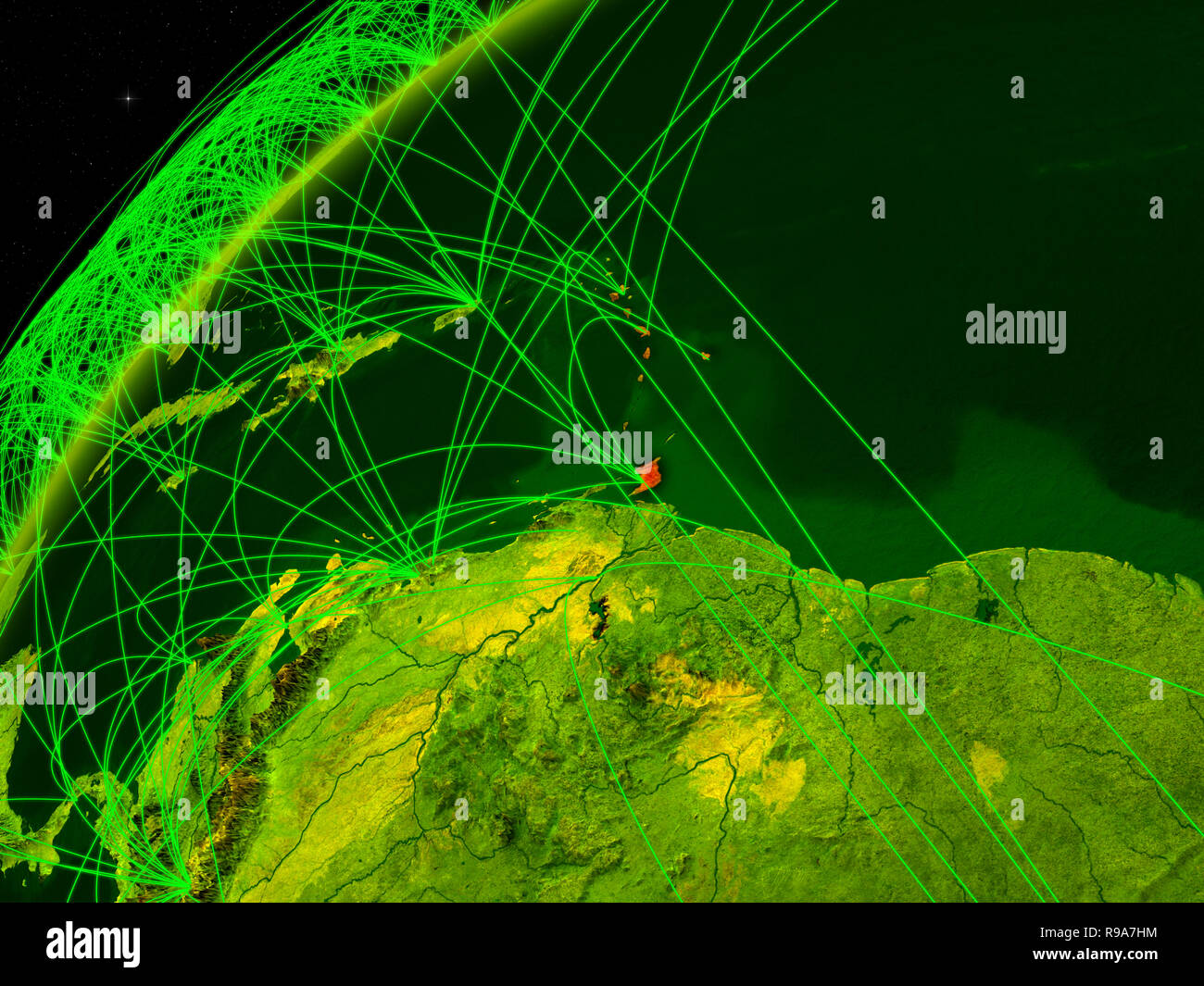 Karibik auf dem Modell der Grüne Planet Erde mit internationalen Netzwerken. Konzept der digitalen Kommunikation und Technologie. 3D-Darstellung. Elemente der Th Stockfoto