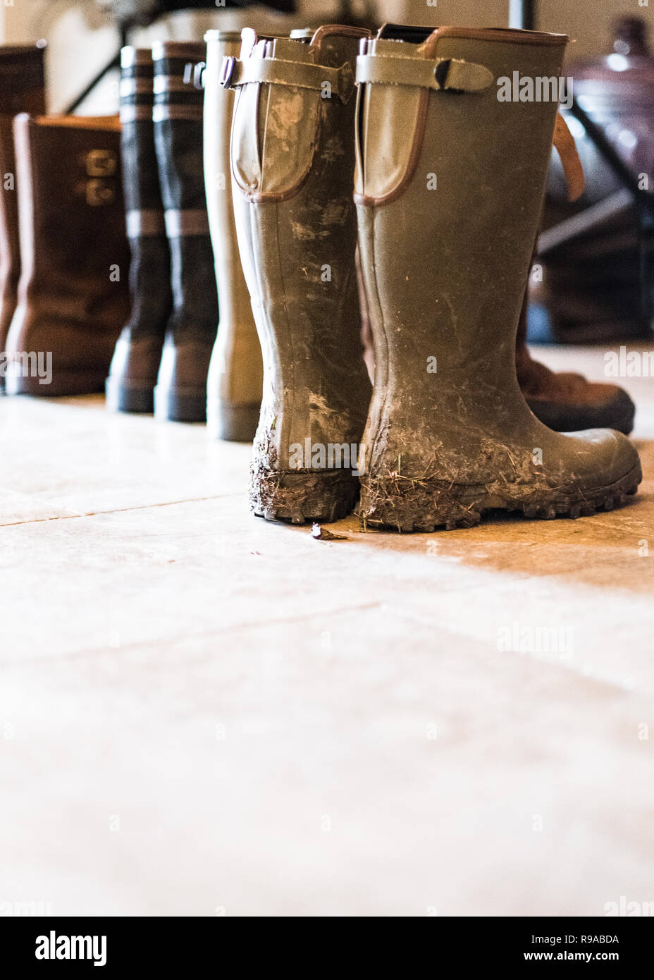 Eine Reihe von oben Markt Gummistiefel in einem Boot Zimmer für ein herrschaftliches Haus. Stockfoto