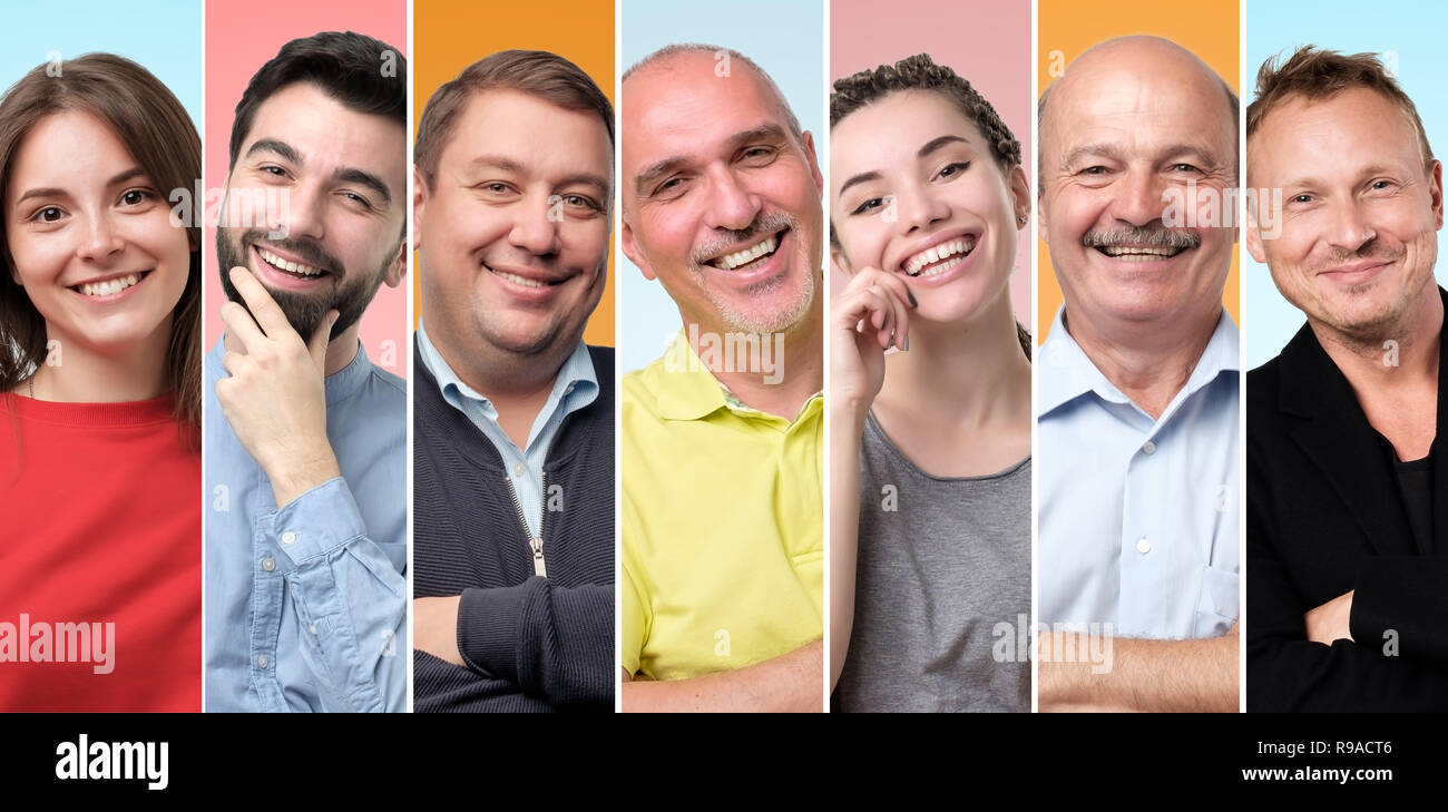 Collage von verschiedenen Menschen, gute Laune, Lächeln, schauen zuversichtlich und fröhlich. Stockfoto