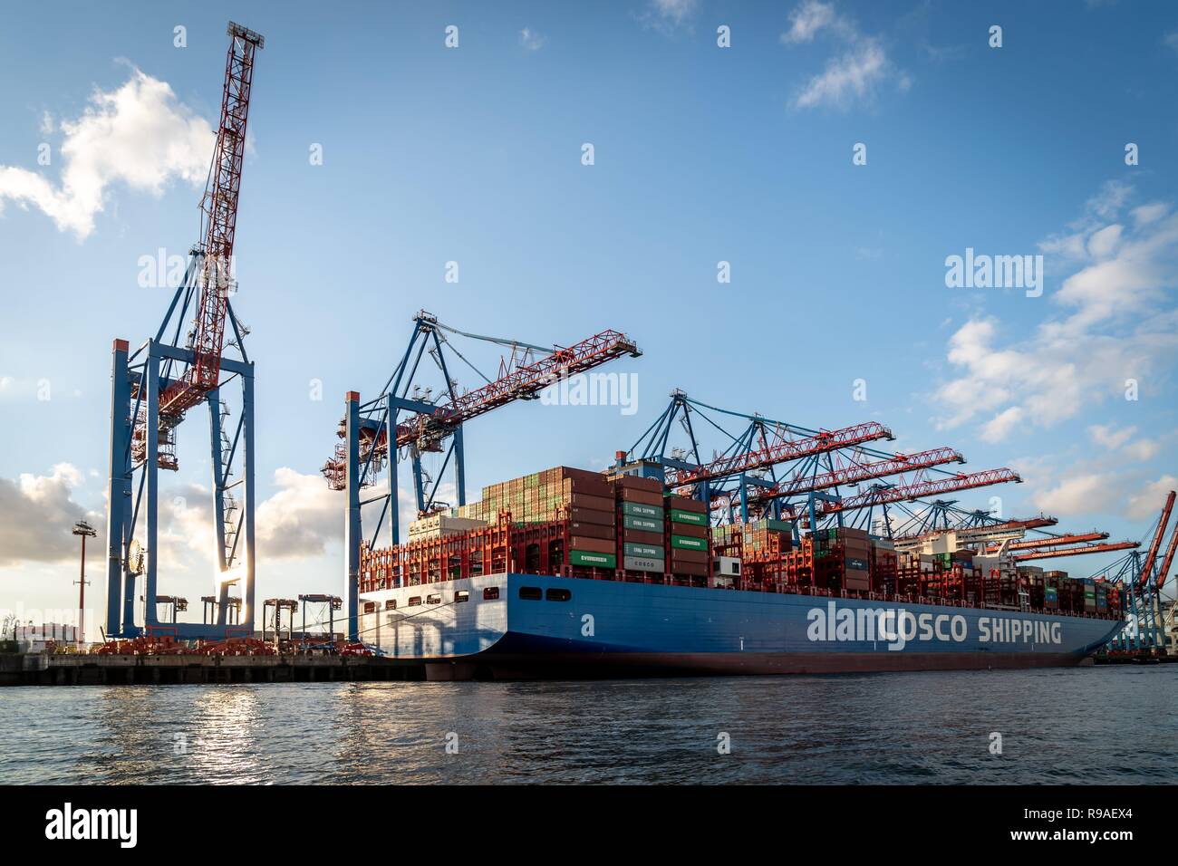 Hamburg, Deutschland. 02 Nov, 2018. Die teilweise geladen COSCO VERSAND LEO, einem der größten Containerschiffe der Welt am Container Terminal Tollerort (CTT) der HHLA im Hamburger Hafen. Die COSCO VERSAND LEO mit IMO-Nummer 9783502 ist eine von mehreren COSCOCS 20.000-TEU-Containerschiffen Typ von der chinesischen Reederei COSCO Shipping Corporation gehört. Es wurde von der Nantong Cosco KHI Ship Engineering mit dem Bau Anzahl NE232 aufgebaut. | Verwendung der weltweiten Kredit: dpa/Alamy leben Nachrichten Stockfoto