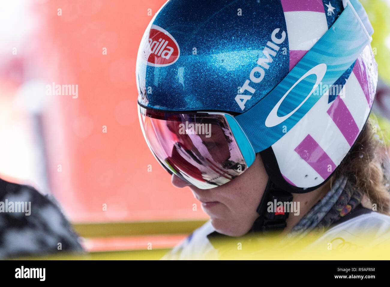 Courchevel, Rhone Alpes, Frankreich, 21. Dezember 2018 Mikaela Shiffrin der USA gewinnt Courchevel Damen Riesenslalom Audi FIS Alpine Ski World Cup 2019 Stockfoto