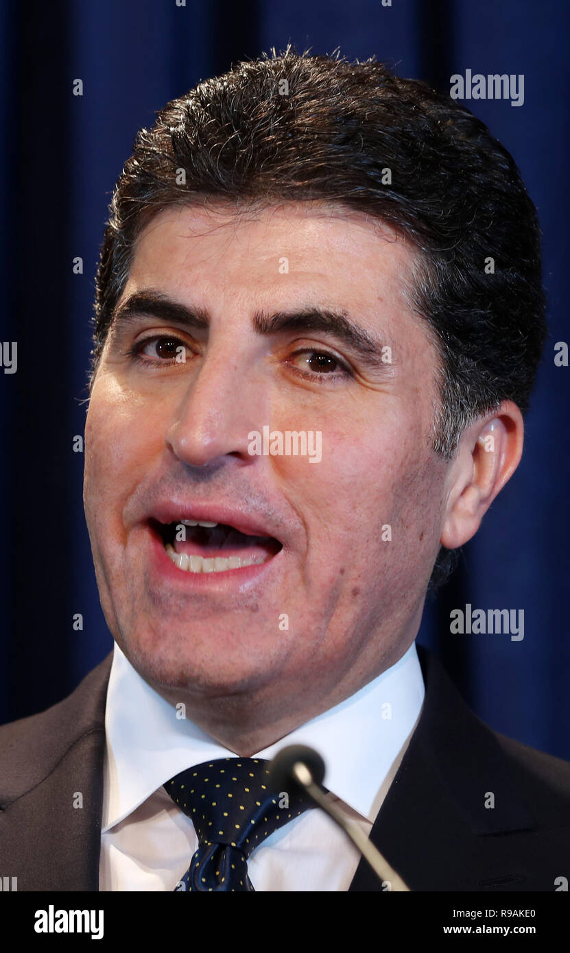 Erbil, Irak. 18 Dez, 2018. Nechirvan Barzani, Ministerpräsident der Region Kurdistan, auf einer Pressekonferenz mit dem deutschen Außenminister. Credit: Jens Büttner/dpa-Zentralbild/dpa/Alamy leben Nachrichten Stockfoto