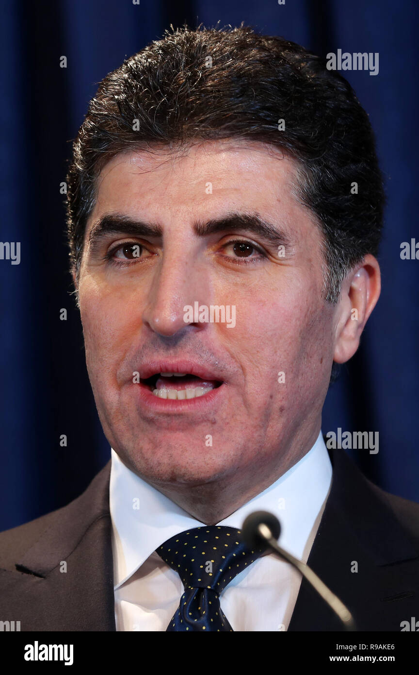 Erbil, Irak. 18 Dez, 2018. Nechirvan Barzani, Ministerpräsident der Region Kurdistan, auf einer Pressekonferenz mit dem deutschen Außenminister. Credit: Jens Büttner/dpa-Zentralbild/dpa/Alamy leben Nachrichten Stockfoto