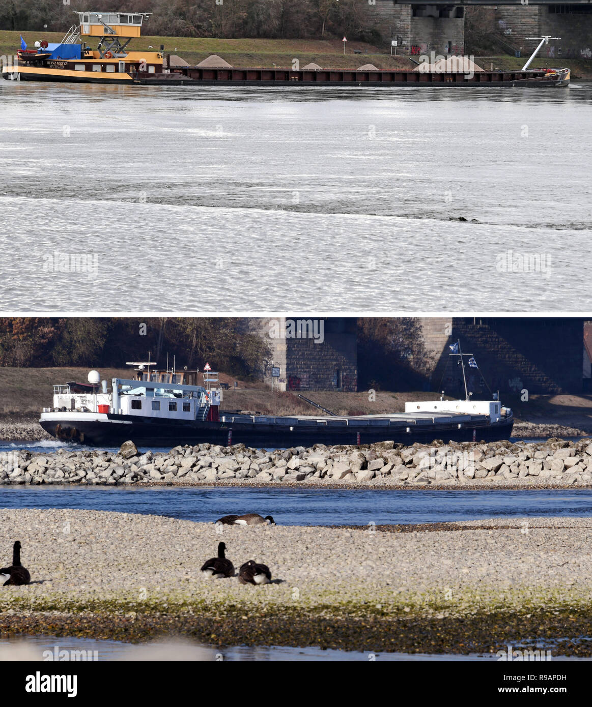 Karlsruhe, Deutschland. 22 Dez, 2018. Das Kombinationsfeld zeigt zwei Fotos an der Rheinbrücke bei Karlsruhe Maxau. Vom 23.11.2018 und vom 22.12. 2018. Nach Monaten mit teilweise sehr niedrige Wasserstände eine erste kleine Flutwelle auf dem Rhein auf der Weihnachtsferien rollen könnte. Nach der Vorhersage von Überschwemmungen Mitte, anhaltenden und starken Niederschlägen könnte der Fluss am Pegel Maxau Manometer über die sechs steigen-Marke am 25. und 26. Dezember. Credit: Uli Deck / dpa/Alamy leben Nachrichten Stockfoto