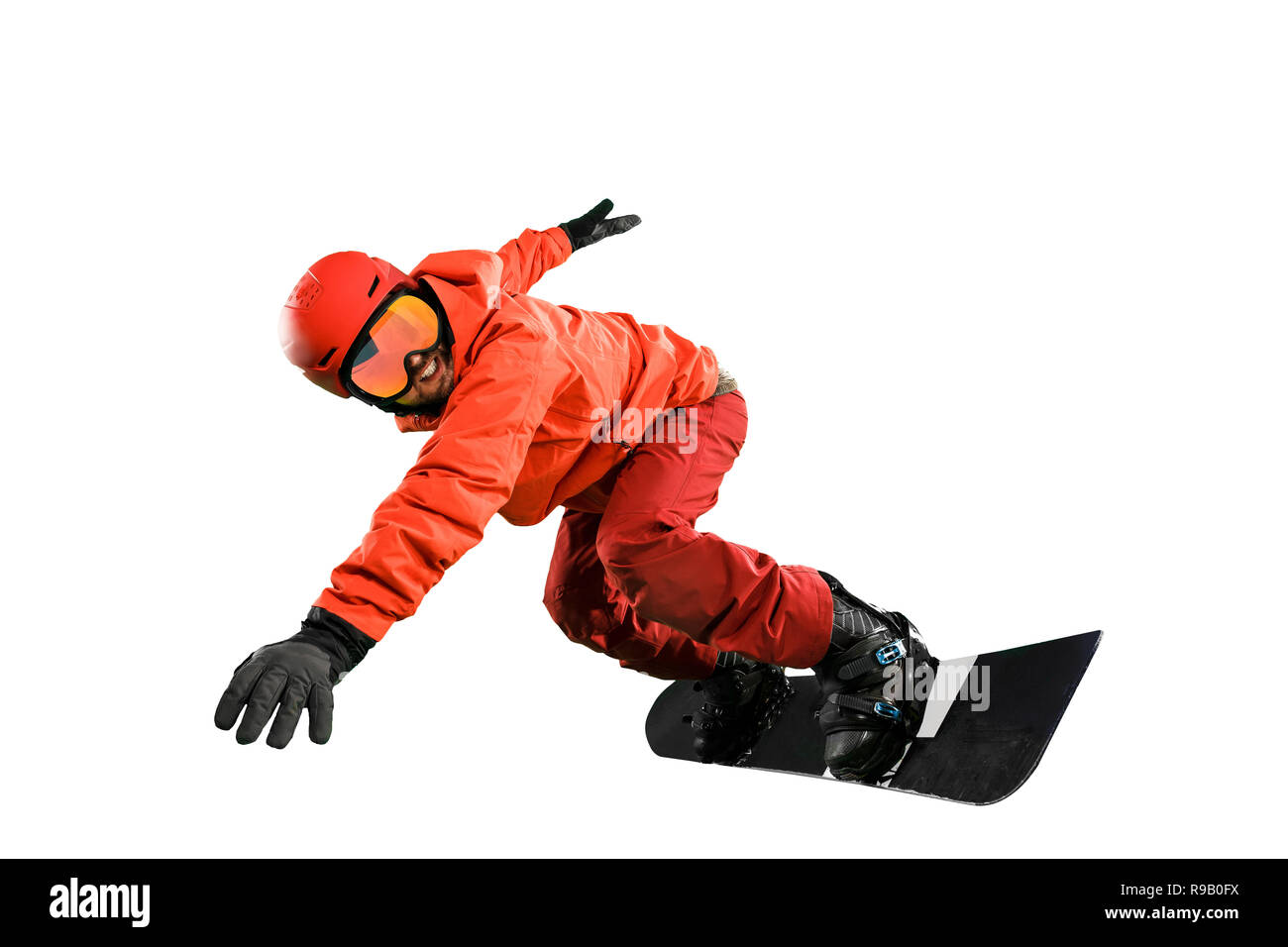 Portrait des jungen Mannes in Sportkleidung mit Snowboard auf einem weißen studio Hintergrund isoliert. Der Winter, Sport, Snowboard, Snowboarder, Aktivität, extreme Konzept Stockfoto