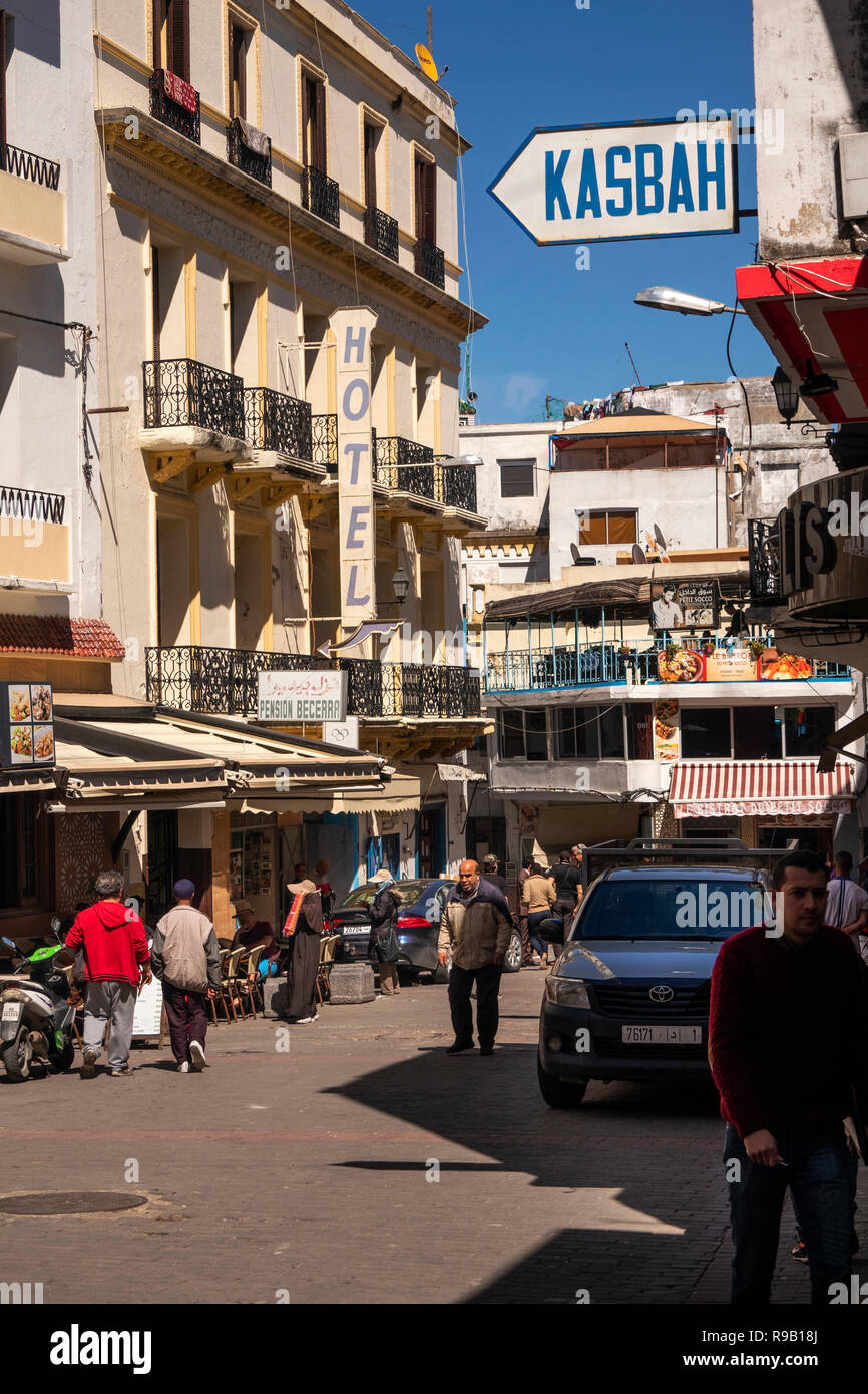 Marokko, Tanger, Medina, Rue als Siagnhin, Pension Becerra Hotel und Geschäfte im Petit Socco Stockfoto