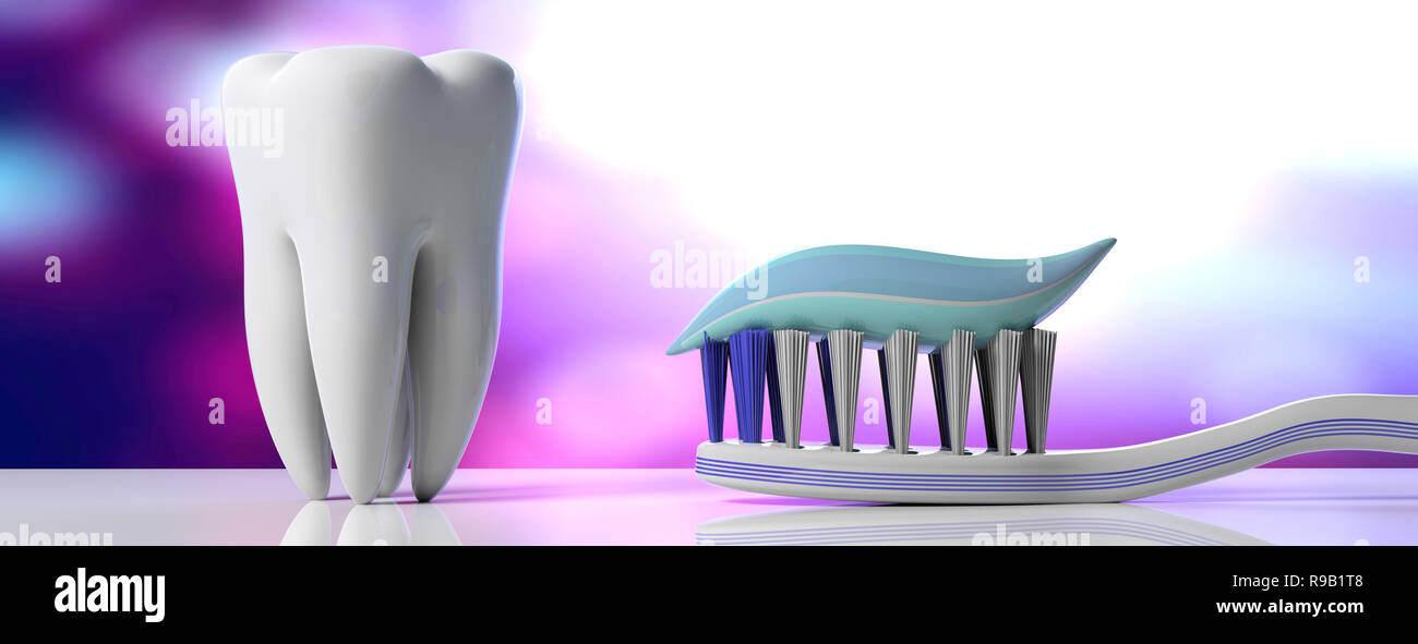Zahnpflege Hygiene Zahnpasta Auf Eine Zahnburste Und Ein Zahn Modell Lila Weissen Hintergrund Banner 3d Darstellung Stockfotografie Alamy