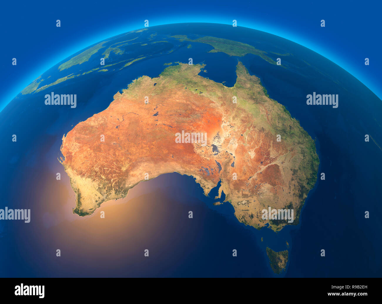 Physische Karte der Welt, Satelliten Ansicht von Australien. Ozeanien. Globus. Hemisphäre. Reliefs und Ozeane. 3D-Rendering Stockfoto