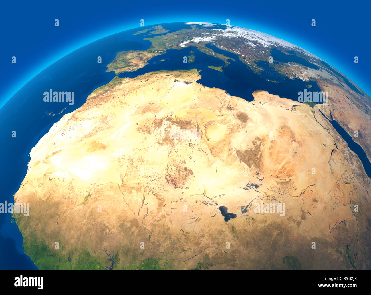 Physische Karte der Welt, Satelliten Ansicht von Nord- und Zentralafrika. Globus. Hemisphäre. Reliefs und Ozeane. 3D-Rendering Stockfoto