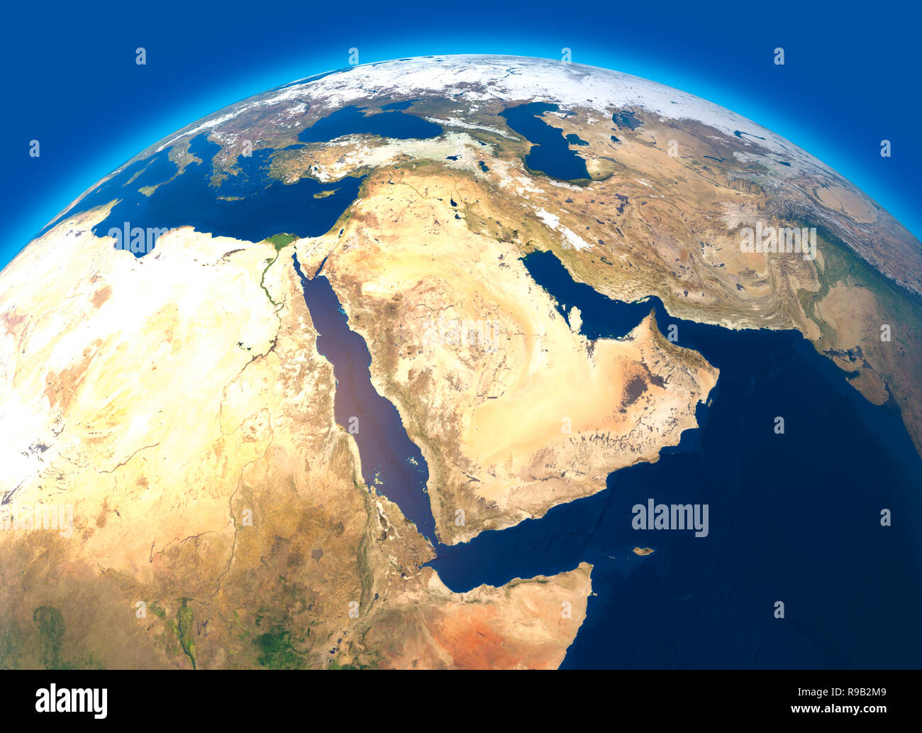 Physische Karte der Welt-, Satelliten im Nahen und Mittleren Osten. Afrika, Asien. Globus. Hemisphäre. Reliefs und Ozeane. 3D-Rendering Stockfoto