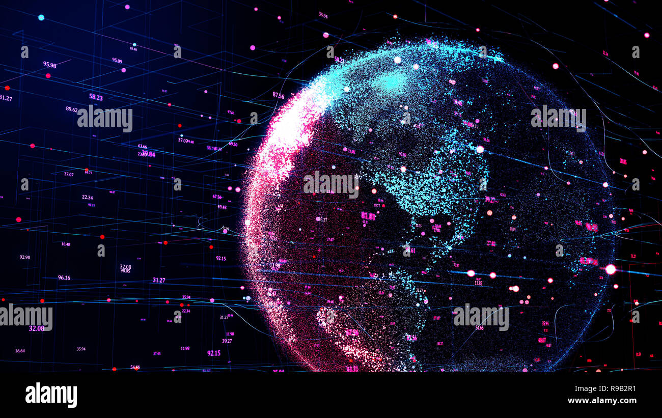 Roten und Blauen Planeten Erde rotieren im globalen futuristischen Cyber Network Stockfoto