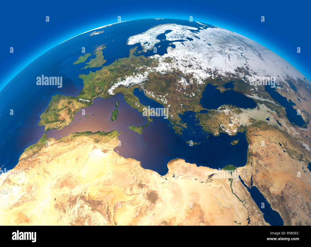 Physische Karte der Welt-, Satelliten in Europa und Nordafrika. Globus. Hemisphäre. Reliefs und Ozeane. 3D-Rendering Stockfoto