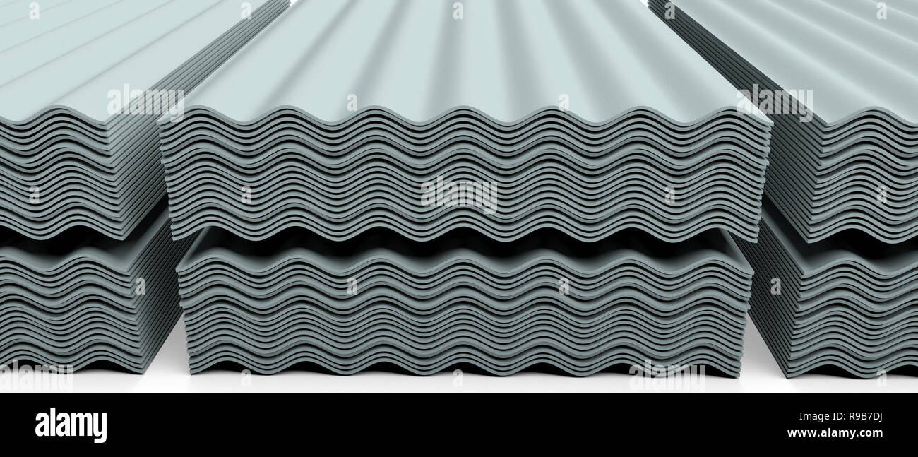 Asbest Dach. Asbestzement Dachbahnen, gewellte Platten, gestapelt, auf weissem Stock. 3D-Darstellung Stockfoto