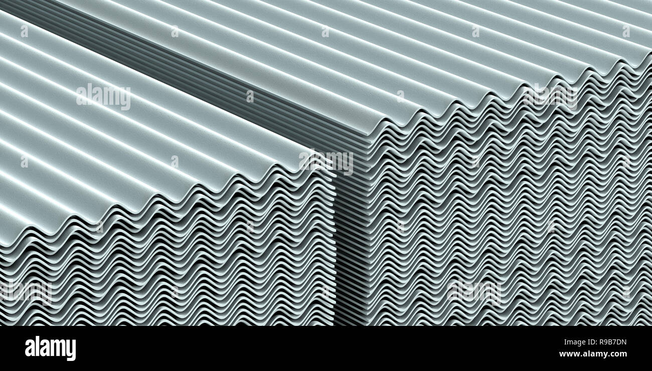 Asbest Dach. Asbestzement Dachbahnen, gewellte Platten, gestapelt. 3D-Darstellung Stockfoto