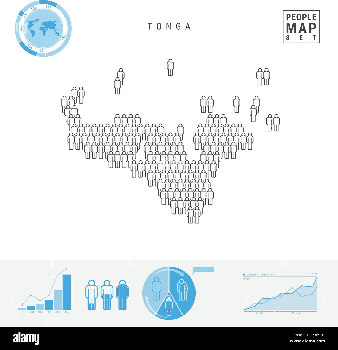 Tonga Menschen auf das Symbol Karte. Leute in der Form einer Karte von Tonga. Stilisierte Silhouette von Tonga. Bevölkerungswachstum und Überalterung Infografik Elemente. Ve Stock Vektor