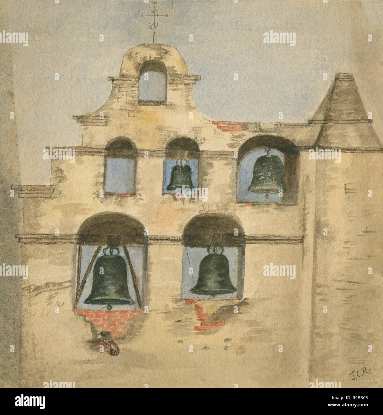 Antike c 1890 Aquarell Malerei, die Glocke Wand an der Mission San Gabriel Arcangel. Mission San Gabriel Arcángel ist eine römisch-katholische Mission und ein historisches Wahrzeichen in San Gabriel, Kalifornien. Die Siedlung wurde durch die Spanier der Franziskaner im Jahre 1771 gegründet. Quelle: ORIGINAL GEMÄLDE Stockfoto