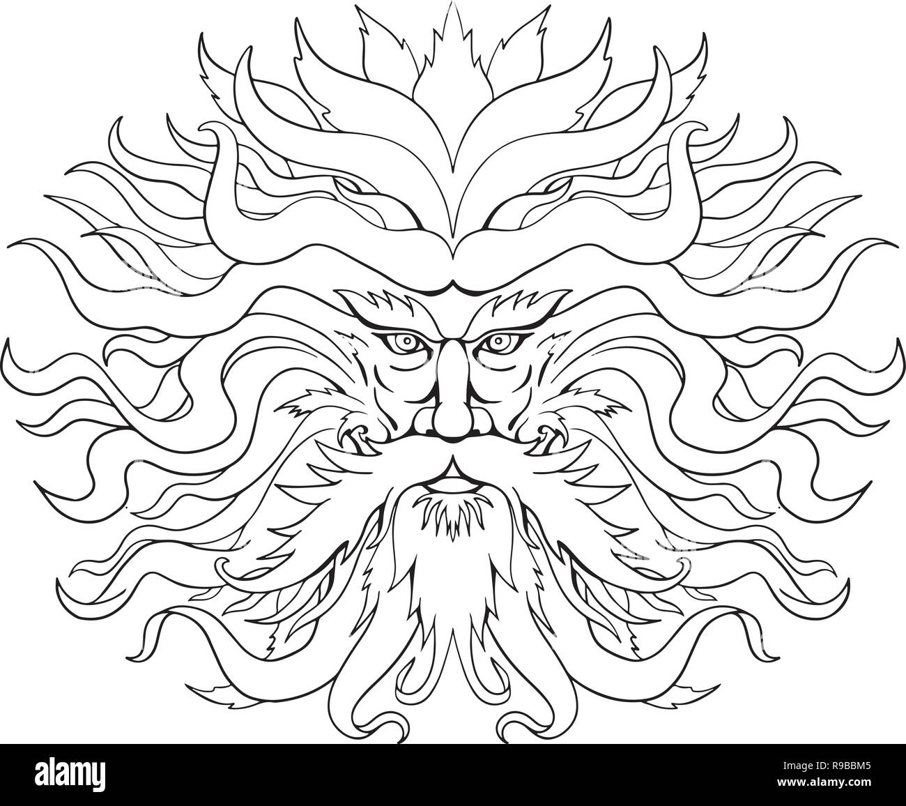 Zeichnung Skizze stil Abbildung von Helios, dem Gott und Personifizierung der Sonne in der Griechischen Mythologie, mit Haaren wie feurige Strahlen der Sonne auf isolat Stock Vektor