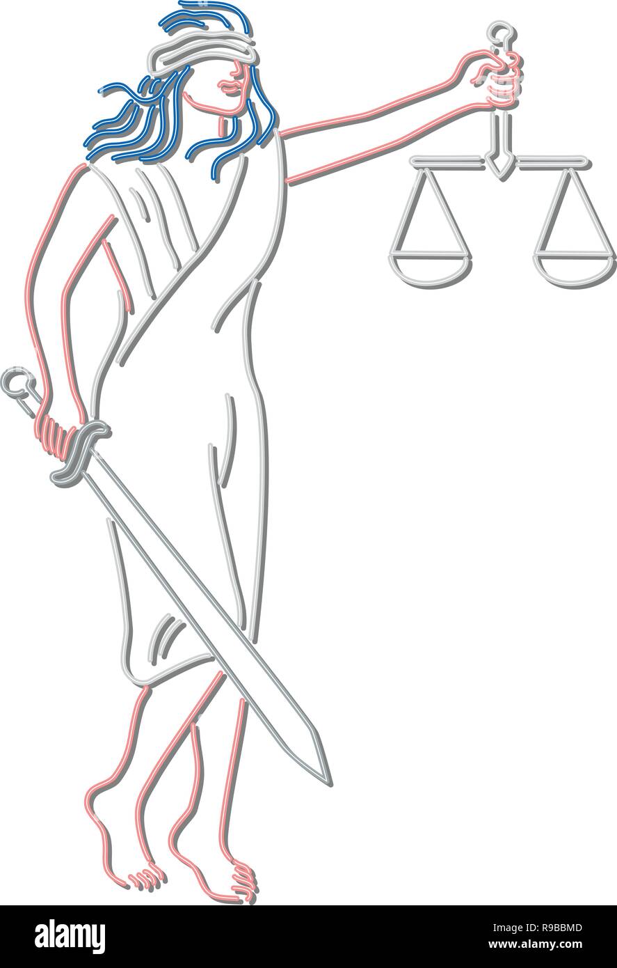Retro Style Abbildung: Ein 90er Jahre Neon Sign light signage Beleuchtung eines mit verbundenen Augen Dame Justiz Holding ein Schwert und Waage oder Balance Stock Vektor