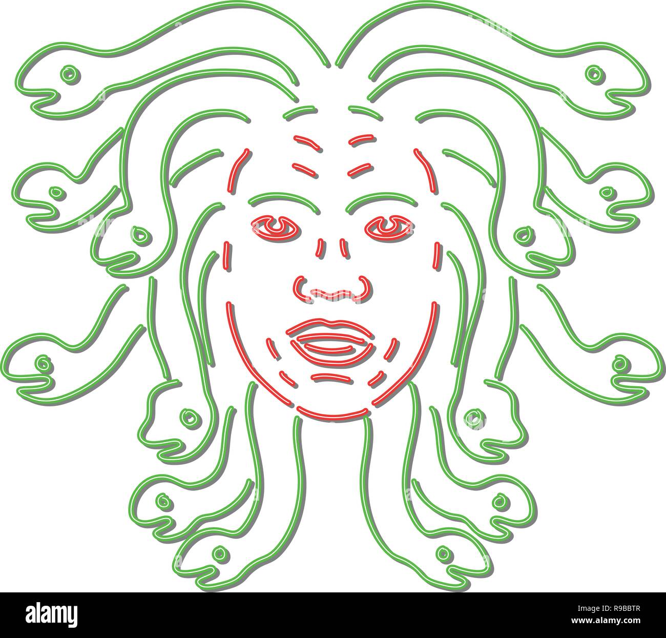 Retro Style Abbildung: Ein 90er Jahre Neon Sign light signage Beleuchtung der Kopf der Medusa in der Griechischen Mythologie, Gorgon Monster, giftige Schlangen Stock Vektor