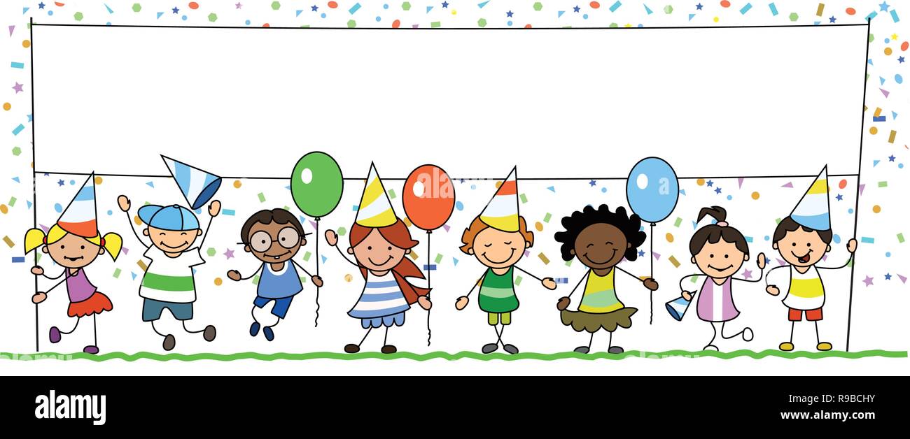 Gruppe von happy Kids auf der Geburtstagsparty, die weiße Fahne mit Kopie Raum Stockfoto