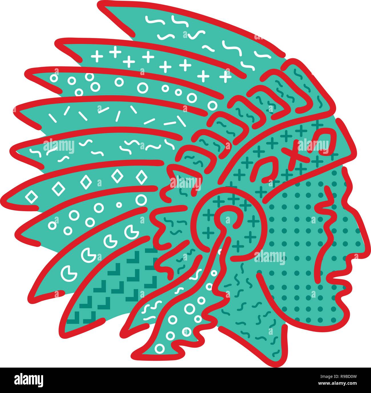 1980 Memphis Design Illustration eines Native American Indian Chief tragen ein Gefiederter Kopfschmuck von Seite auf isolierten Hintergrund betrachtet. Stock Vektor