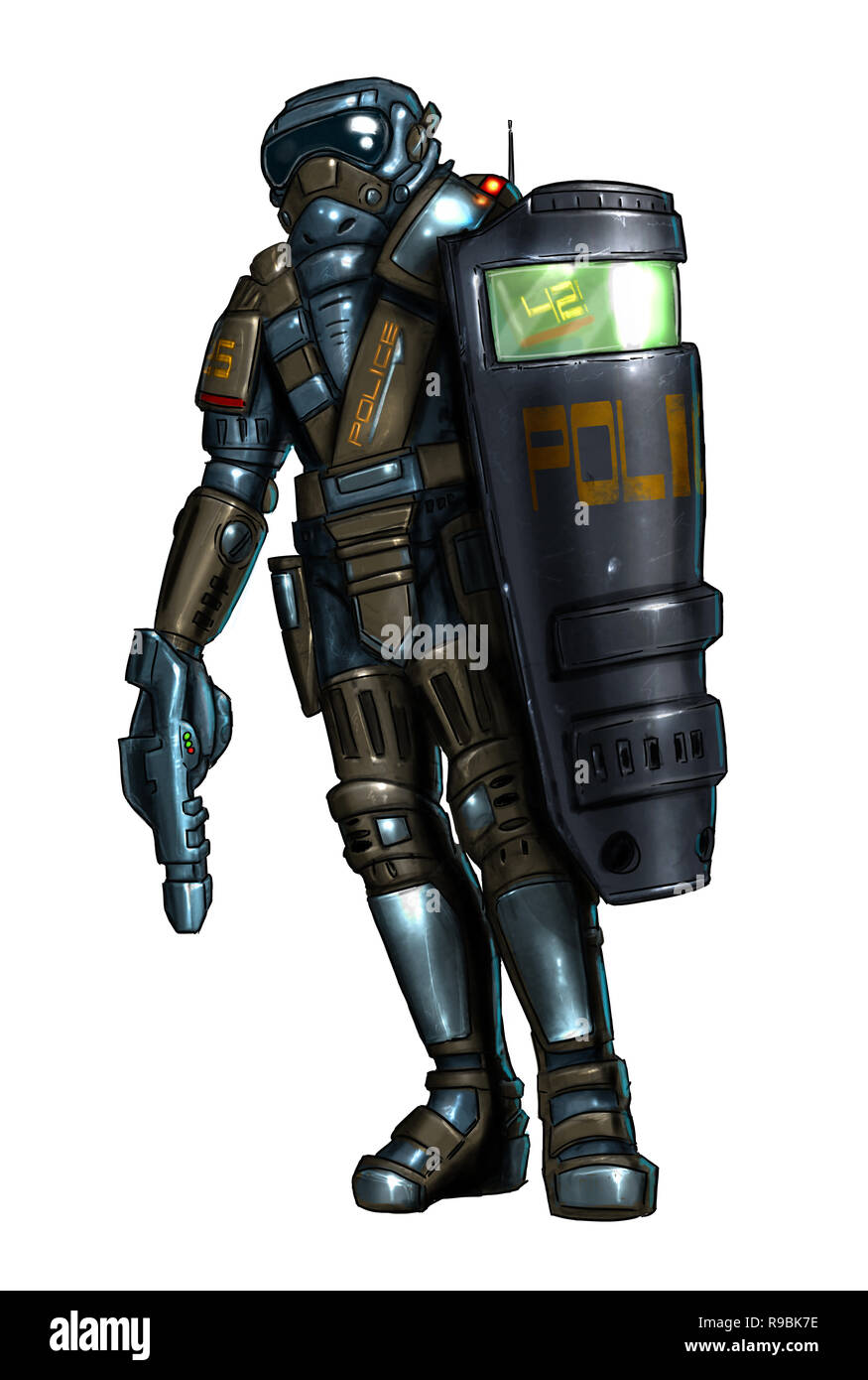 Concept Art Science Fiction Gemälde von Polizisten in Rüstung mit Schild und Waffe Stockfoto