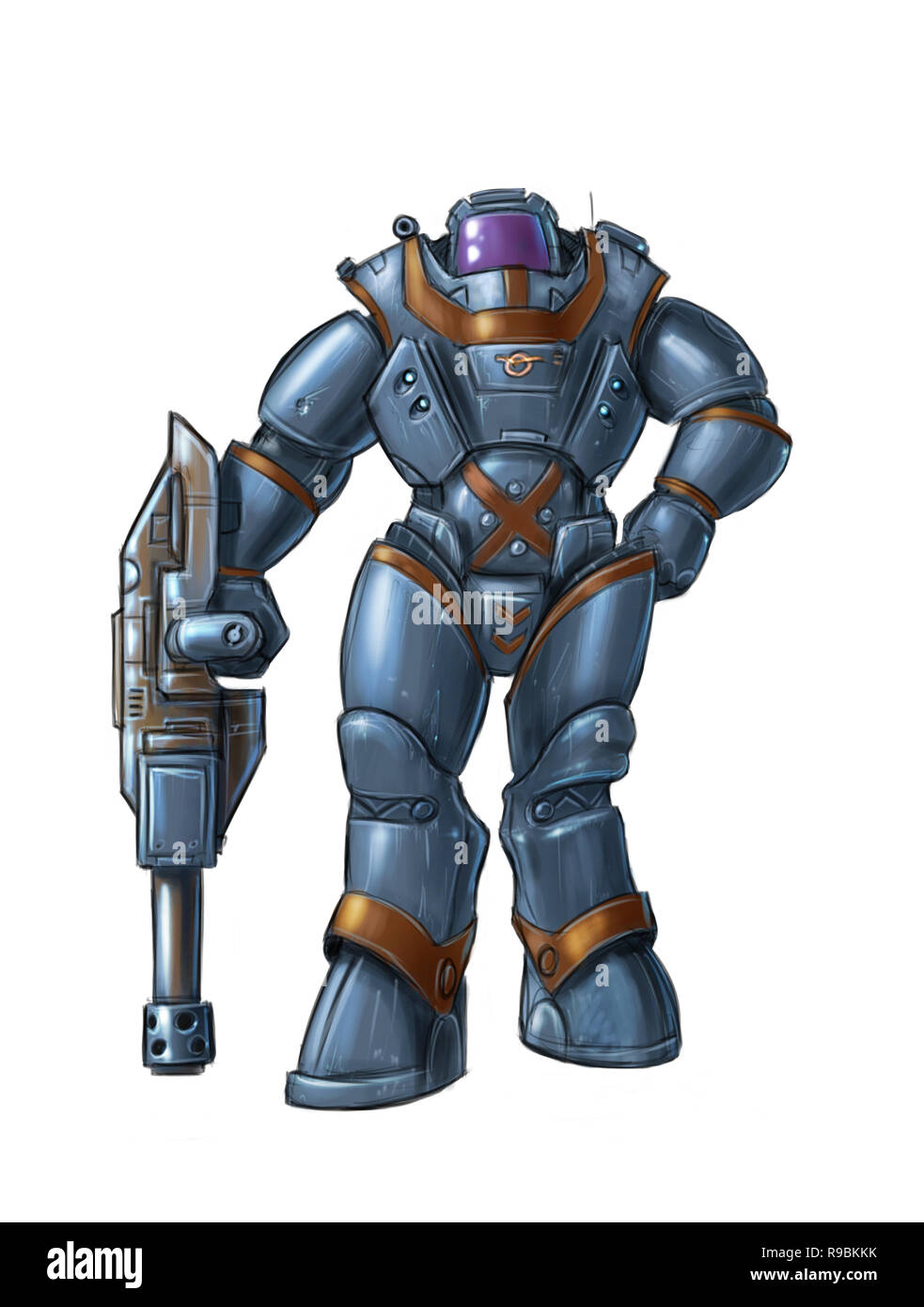 Concept Art Science Fiction Abbildung: Futuristische Soldat Charakter in schwerer Rüstung oder Spacesuit Holding Gun Stockfoto