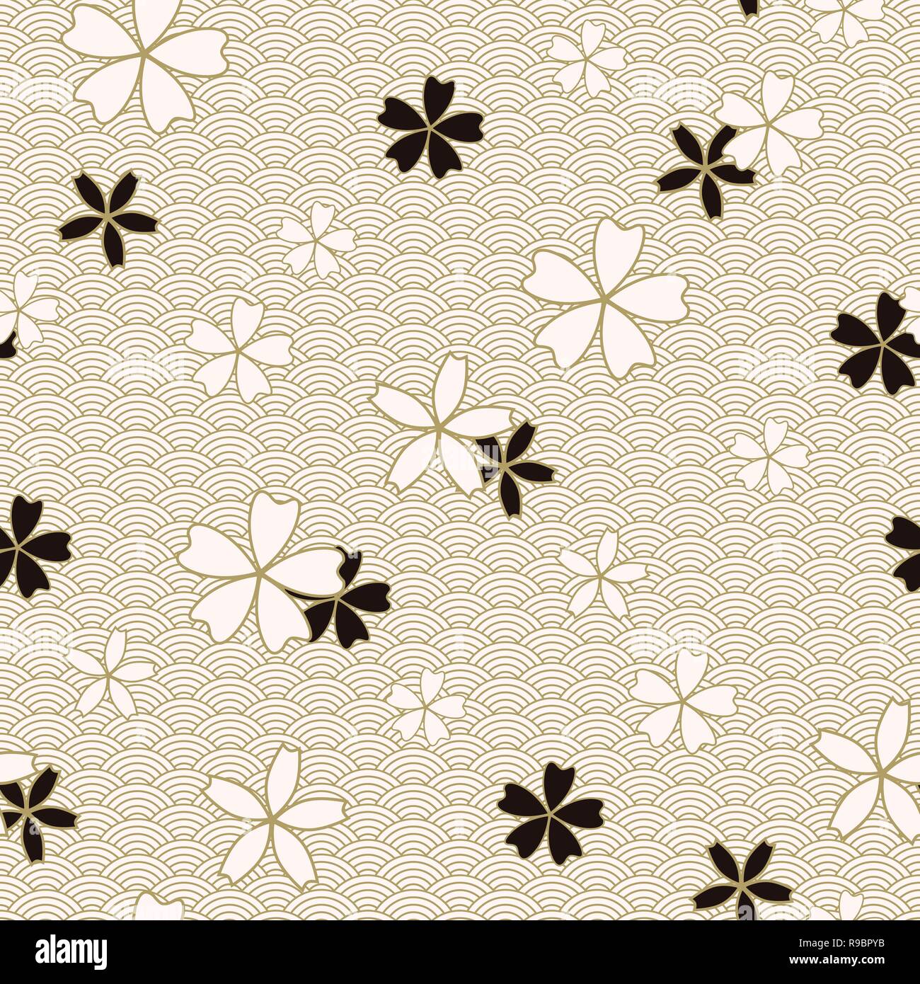Japanischen Klassiker Sakura Vektor nahtlose Muster floral in schwarz und beige Farben. Die traditionellen Kimono, Asiatische festliche Motiv mit Frühling Blumen blühen, goldene Schlaganfall Wirkung Stock Vektor