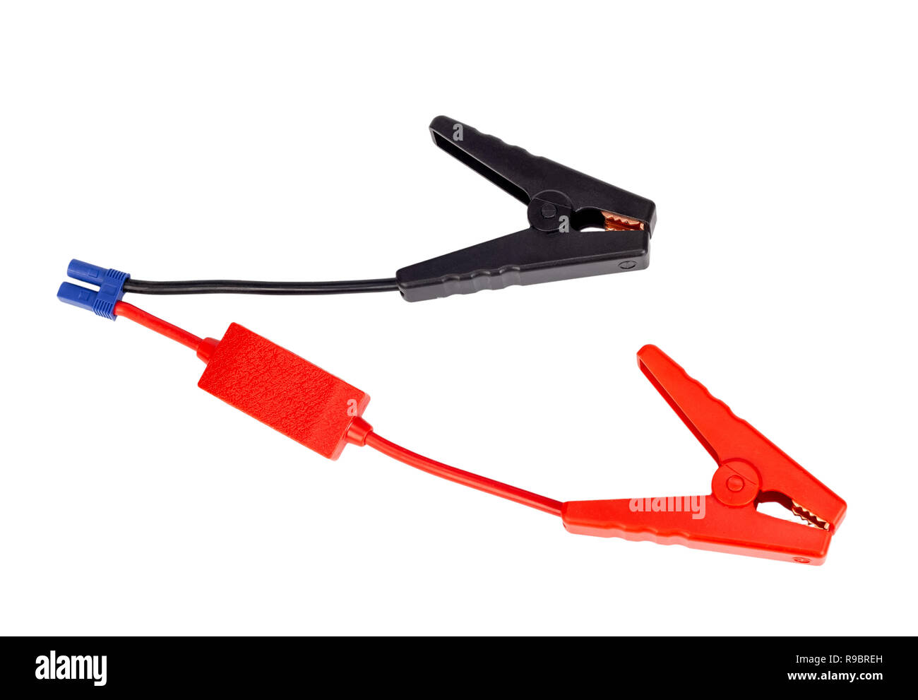 Rot und Schwarz Auto Batterie Jumper Kabel für Ladegerät oder Booster auf weißem Hintergrund. Stockfoto