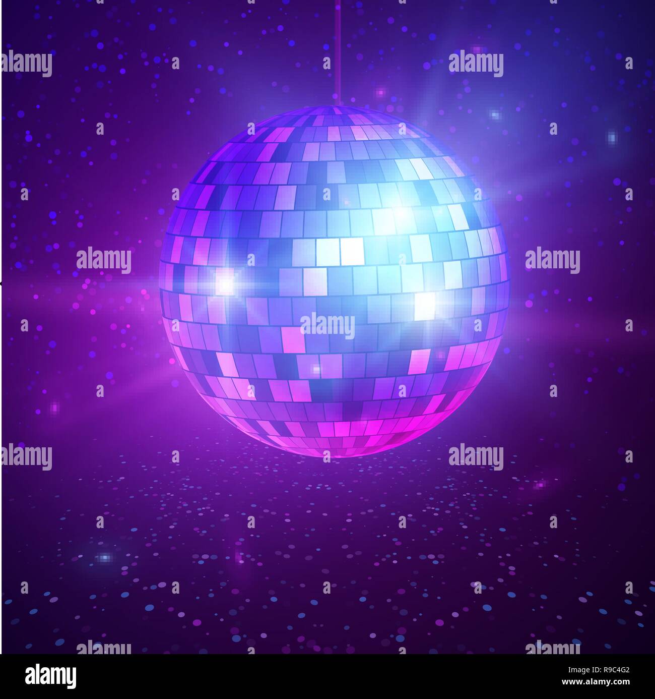 Disco oder Mirror Ball mit hellen Strahlen. Musik und Tanz die Nacht Hintergrund. Abstract night club retro Hintergrund 80er und 90er Jahre. Vector Illustration Stock Vektor