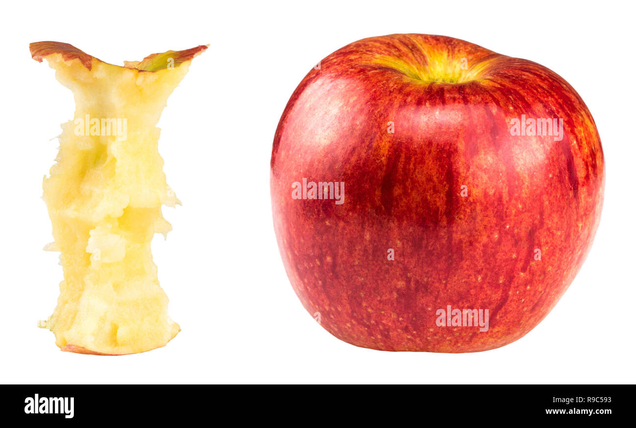 Red Apple gebissen und ganze Apfel isoliert auf Weiss. Stockfoto