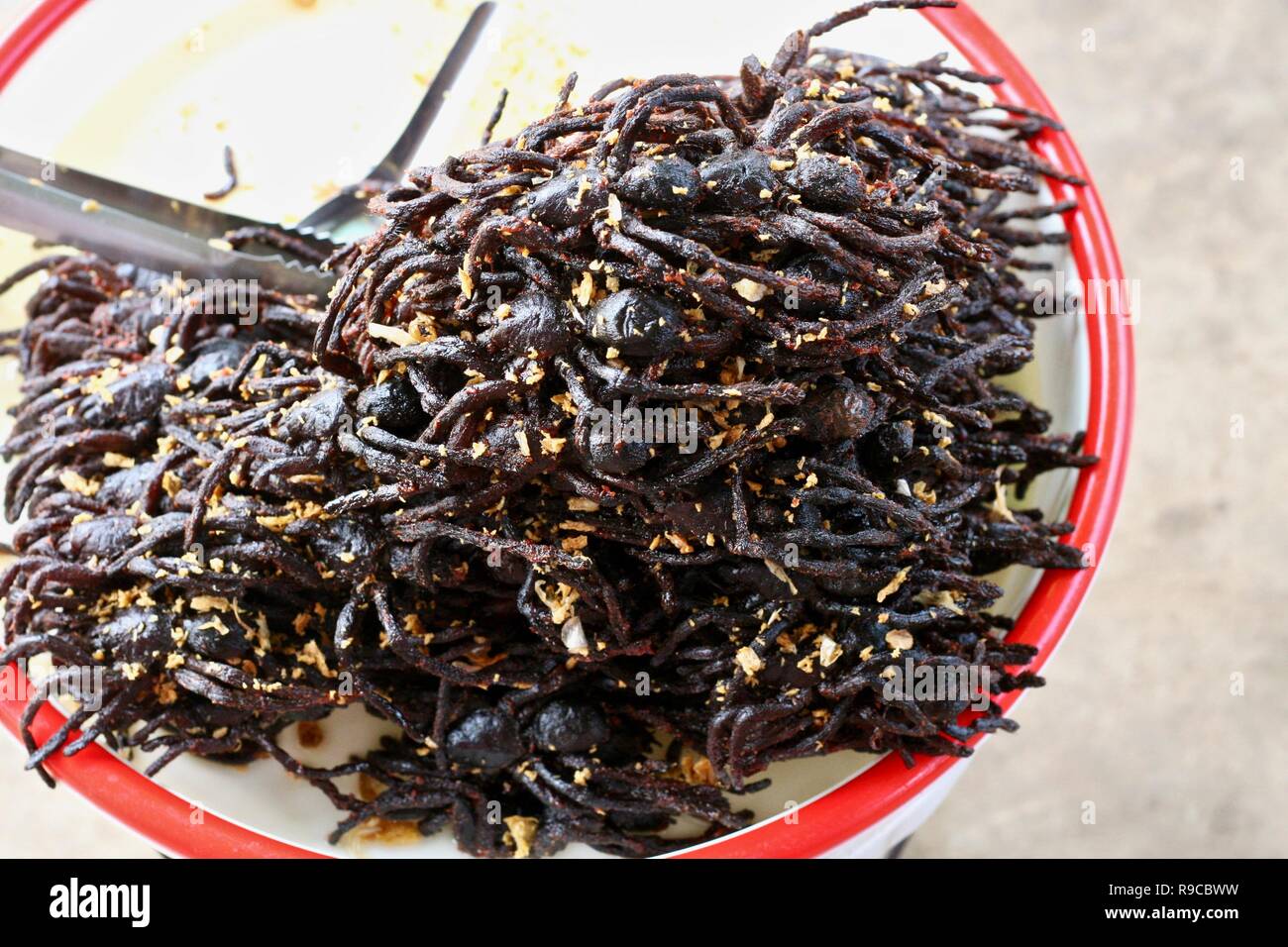 Frittierte Vogelspinnen in Spider Town, Kambodscha als Street Food Snacks verkauft. Stockfoto