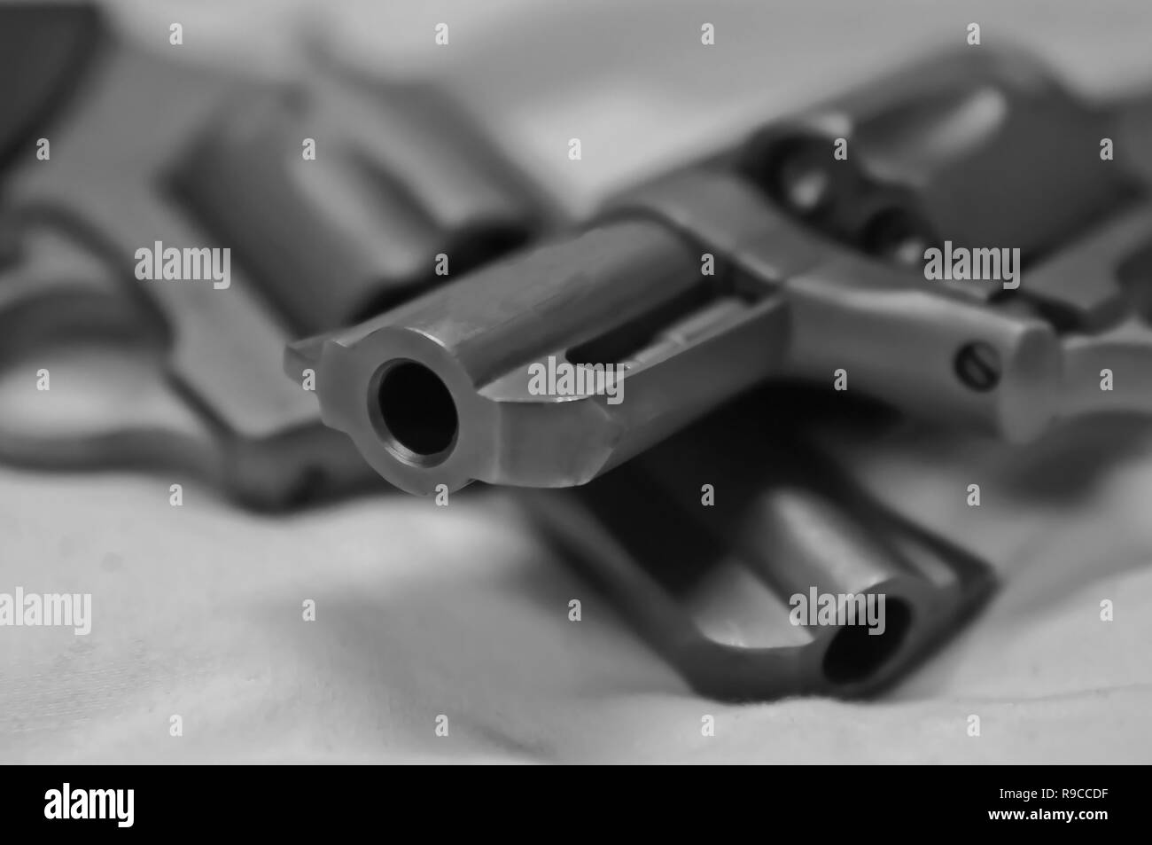 Zwei Revolver, ein 44 spl und eine 357 Magnum übereinander in Schwarz und Weiß Stockfoto
