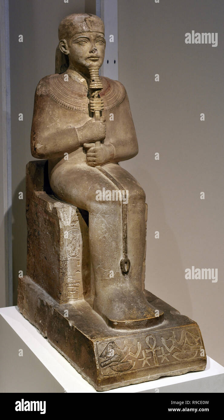 Ägypten, Ägyptische. Der Schöpfergott Ptah mit in die Hände der Götter Personal und das Symbol der Nachhaltigkeit. Thron des Pharao Amenhotep III. New Empire 18. Dynastie (1390-1353 v. Chr.), Ägypten, Ägyptische. Stockfoto