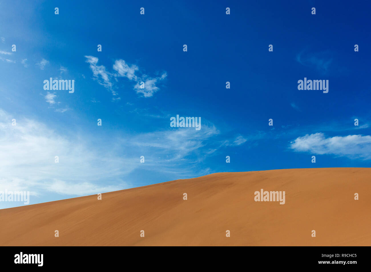 Detail einer Sanddüne vor blauem Himmel auf der Echo Sand Mountain in der Nähe von Dunhuang in der Provinz Gansu, China. Stockfoto