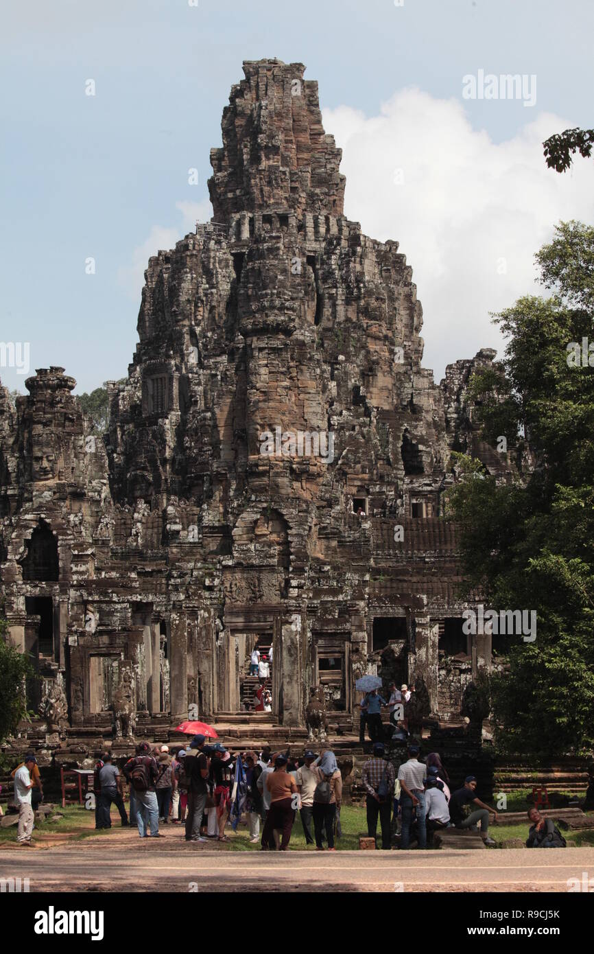 Stein Gesichter bei Prasat Bayon Tempel Komplex in der Nähe von Angkor Wat, Siem Reap, Kambodscha. Stockfoto